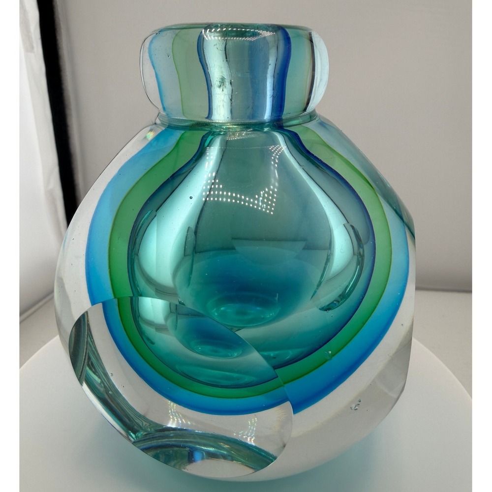 Sommerso Art Glass Bud Vase Turquoise Blue Green Layered Crystal Paperweight